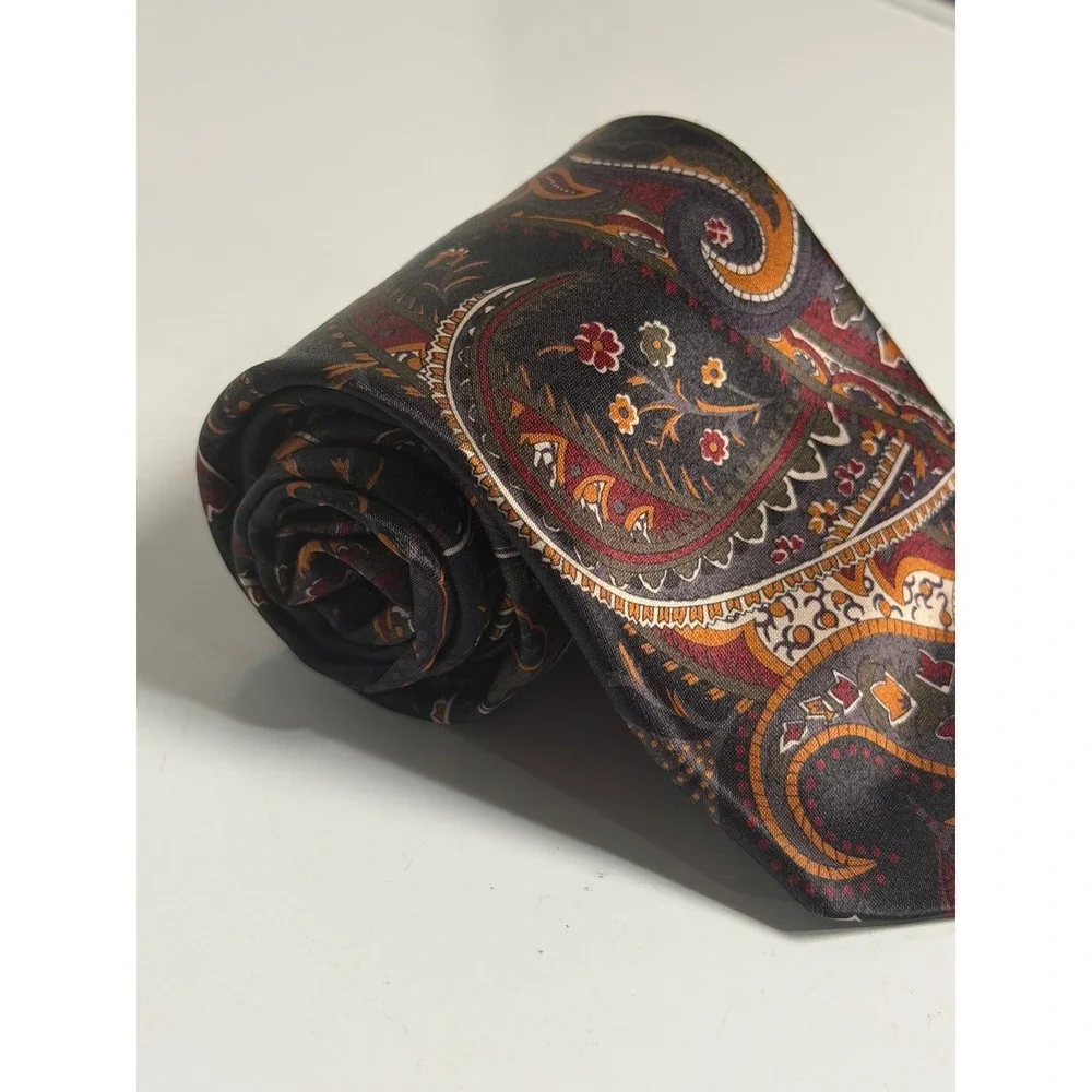 VTG Ketch Necktie Black Paisley Floral Retro Formal Wedding Career Mens OS